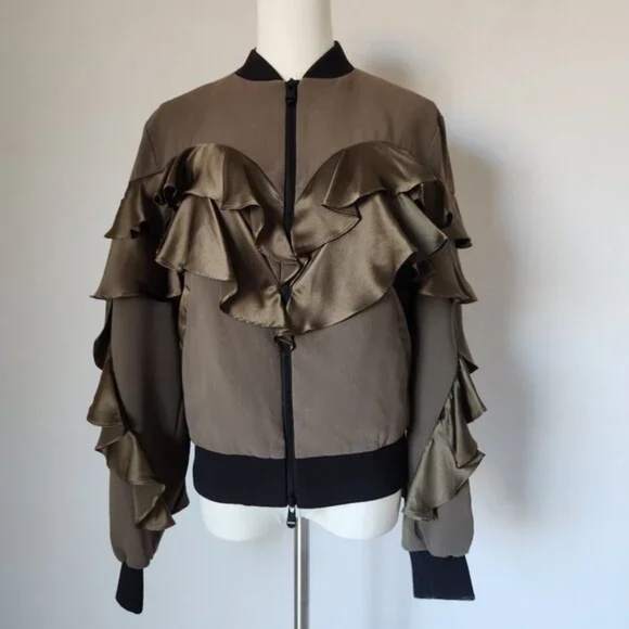 Cinq A Sept Leia Silk Satin-Ruffle Bomber Jacket Zip-Up Pocket Olive Green - S - Picture 2 of 6